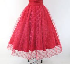 vintage 50s red lace full skirt fit flare party dress lace bolero over skirt lace set matching bombshell bettys vintage skirt
