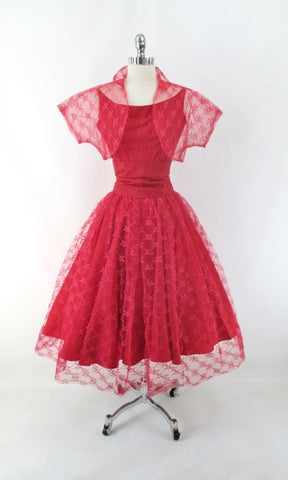 Vintage 50s Red Lace Full Skirt Party Dress Matching Bolero & Overskirt M