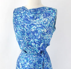 Vintage 60s Blue Floral Sheath Dress Matching Belt Set S