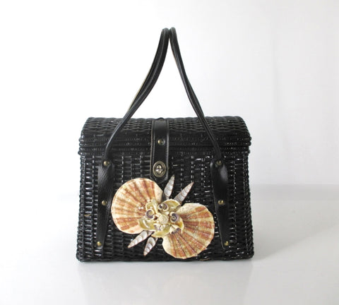 Vintage 60s Large Black Wicker Seashell Basket Box Handbag
