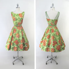 Vintage 50s 60s Airbrush Roses Party Dress S