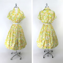 Vintage 50s Sunny Floral Shirtwaist Day Dress L / XL
