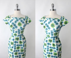 Vintage 50's Blue Green Floral Sheath Party Dress XS