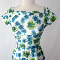 Vintage 50's Blue Green Floral Sheath Party Dress XS
