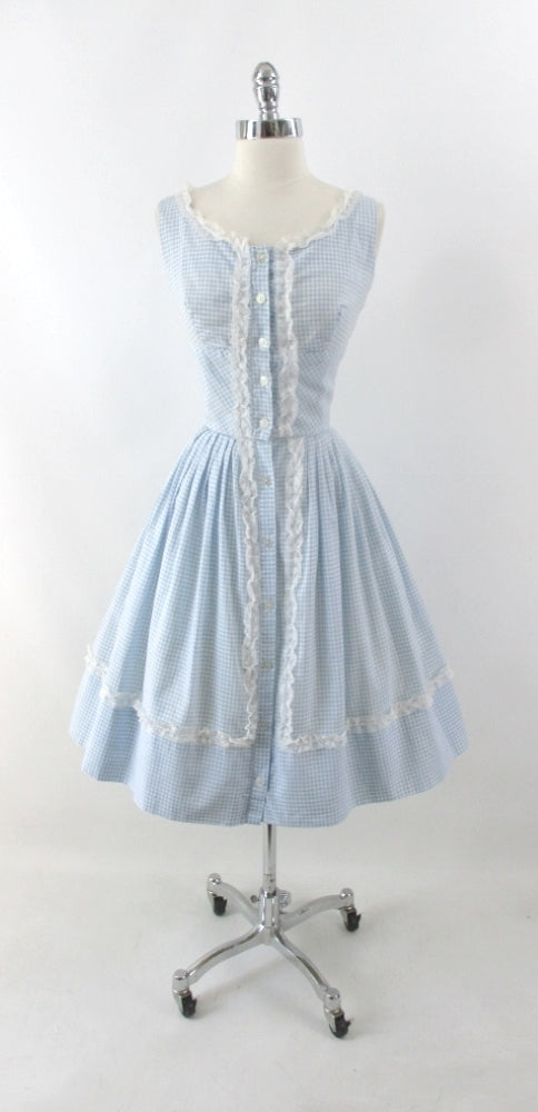 Vintage 50s 60s Light Blue Gingham Matching Top & Skirt Dress Set S - Bombshell Bettys Vintage