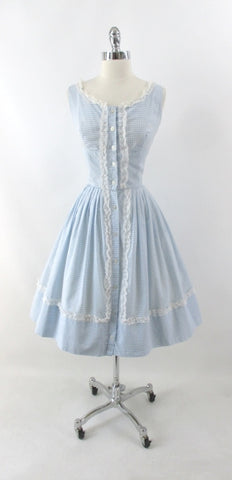 Vintage 50s 60s Light Blue Gingham Matching Top & Skirt Dress Set S
