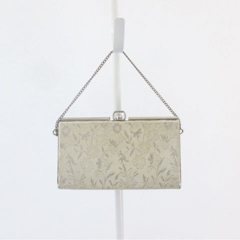Vintage Silver Brocade & Pearls Little Box Evening Bag / Wristlet