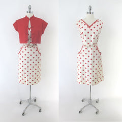 Vintage 50s White Red Polka Dot Dress & Matching Red Bolero 1X / XL
