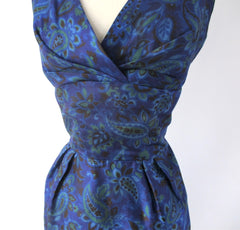 Vintage 50s Blue Paisley Sheath Dress L