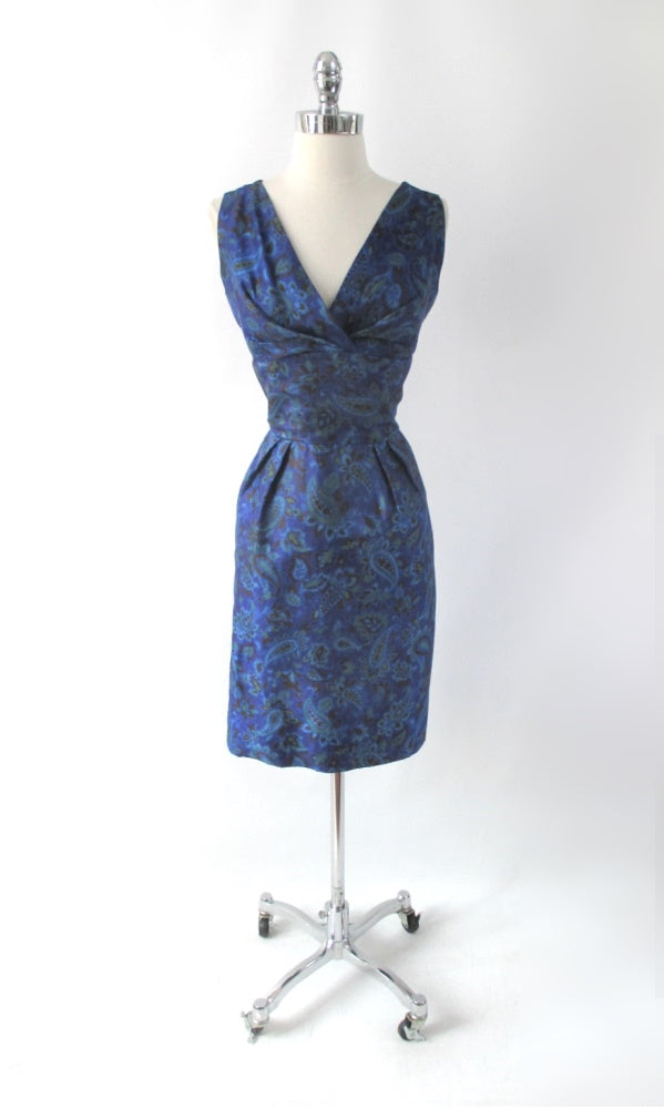 Vintage 50s Blue Paisley Sheath Dress L