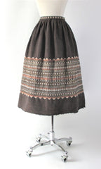 Vintage 50s South American Brown Woven Birds Full Skirt M