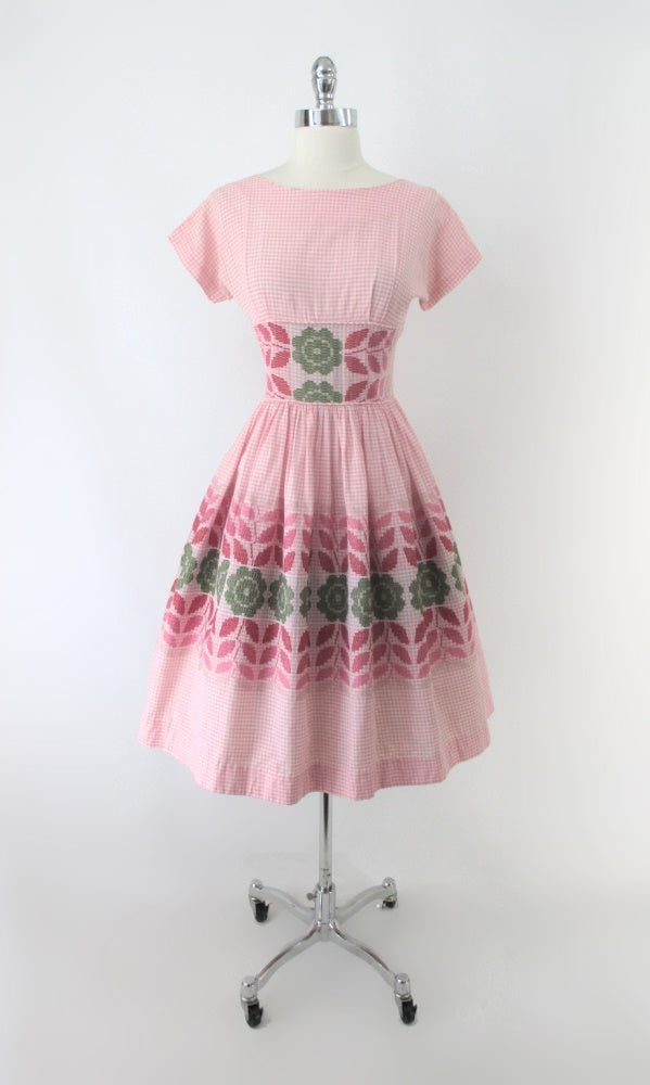 Vintage 50s Jean Leslie Pink Gingham Floral Day Party Dress S
