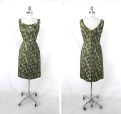 Vintage 50s Green Brocade Sheath Dress Matching Jacket Set M