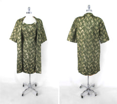 Vintage 50s Green Brocade Sheath Dress Matching Jacket Set M
