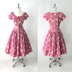 Vintage 50s Abstract Pink White Full Skirt Day Dress M