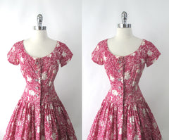 Vintage 50s Abstract Pink White Full Skirt Day Dress M