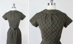 Vintage 50's Green Plaid Sheath Dress XS