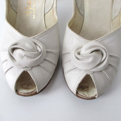 Vintage 40s 50s White Knotted Vamp Peep Toe Heels Shoes 7 / 7.5