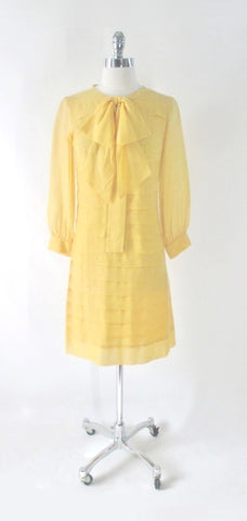 Vintage 60's Yellow Sheer Pussy Bow Shift Dress S
