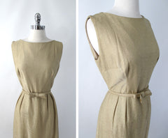 • Vintage 60s 50s Gold Lame & Bow Belt Party Dress L