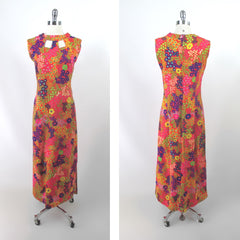 Vintage 60s Day-Glo Floral Cutout Maxi Dress L