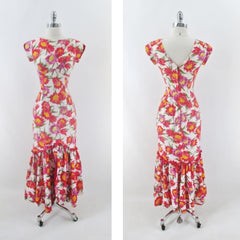 vintage 60's Elsie Krassas Hawaiian style floral sheath luau party dress gown flounced hem bombshell bettys vintage full