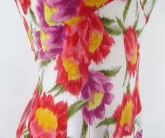 vintage 60's Elsie Krassas Hawaiian style floral sheath luau party dress gown flounced hem bombshell bettys vintage seamwork