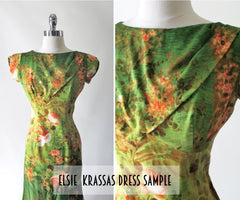 vintage 60's Elsie Krassas Hawaiian style floral sheath luau party dress gown flounced hem bombshell bettys vintage sample