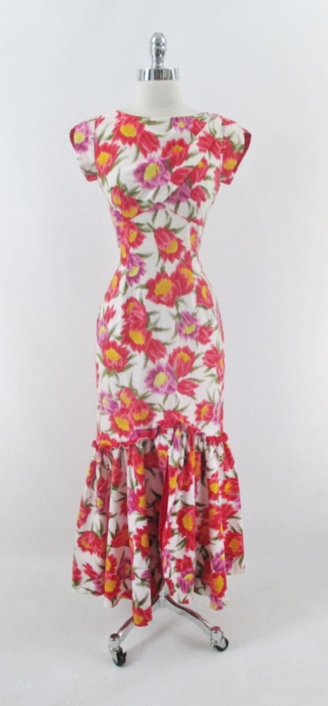 vintage 60's Elsie Krassas Hawaiian style floral sheath luau party dress gown flounced hem bombshell bettys vintage gallery