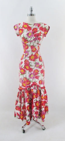 Vintage 60s Hawaiian Style Mermaid Hem Floral Sheath Dress S