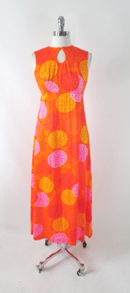 Vintage 60s Psychedelic Watteau Pleat Hawaiian Maxi Dress S - Bombshell Bettys Vintage