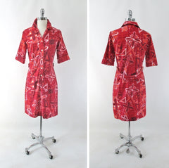 Vintage 60s Hawaiian Style Red Shirt Shift Dress S