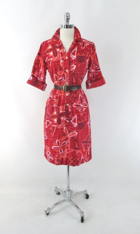 Vintage 60s Hawaiian Style Red Shirt Shift Dress S