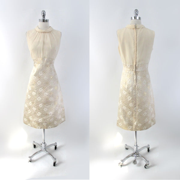 Vintage 60s Quilted Gold Brocade & Chiffon Dress Matching Jacket Party ...