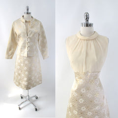 Vintage 60s Quilted Gold Brocade & Chiffon Dress Matching Jacket Party Set L