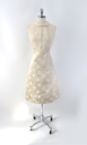 Vintage 60s Quilted Gold Brocade & Chiffon Dress Matching Jacket Party Set L