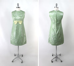 vintage 60s 1960s MOD a-line party lurex green silver dress full