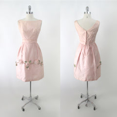 Vintage 60s 3D Pink Roses Full Skirt Party Dress S