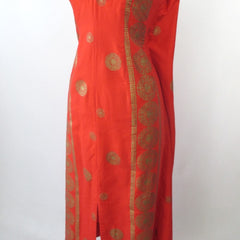 Vintage 60s Red Orange Watteau Pleated Hawaiian Dress XS