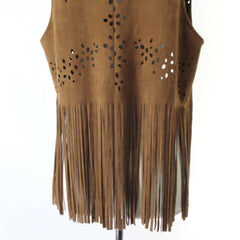 Retro Vintage Style Faux Suede Fringed Hippie Vest M