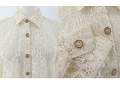 Vintage 70s Antique White Button Up Lace Blouse M