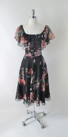 Vintage 70s Black Sheer Floral Ruffled Party Dress M