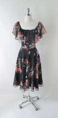 Vintage 70s Black Sheer Floral Ruffled Party Dress M - Bombshell Bettys Vintage