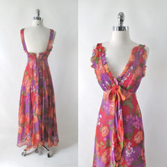 Vintage 70s Rose Garden Chiffon Maxi Party Dress XS - Bombshell Bettys Vintage