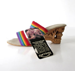 Vintage Hand Carved Wood Rainbow Strap Mules Heels Shoes 8 - Bombshell Bettys Vintage