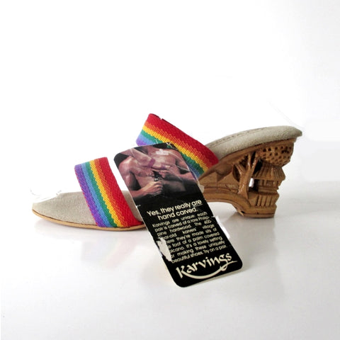 Vintage Hand Carved Wood Rainbow Strap Mules Heels Shoes 8