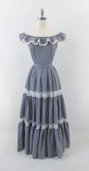 Vintage 70's Blue Gingham Ruffled Bare Shoulder Prairie Dress / Gown M