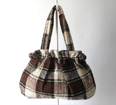 Vintage 70's Brown Buffalo Plaid Tweed Bag / Satchel - Handmade
