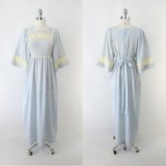 Vintage 70's Chambray & Lace Angel Sleeve Hippie Maxi Dress L