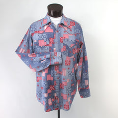 Mens Vintage 70s Lee Chambray Patchwork Pearl Snap Western Shirt L